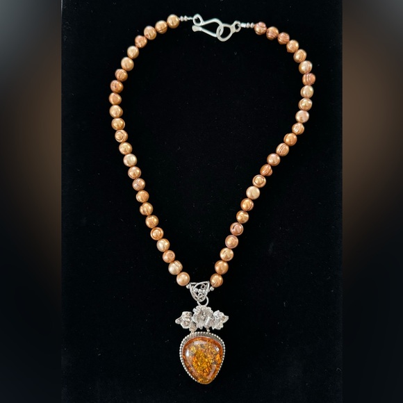 NWOT Freshwater Pearl & Amber 925 Pendant Necklace - Picture 1 of 9